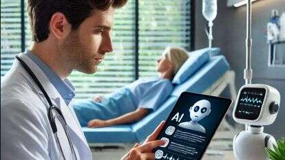 רופא משתמש בצ'אט AI בטאבלט כדי לקבוע את הטיפול המתאים למטופל. תמונה: נוצר באמצעות DALL·E, מודל יצירת התמונות של OpenAI