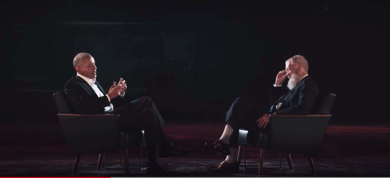 אובמה ולטרמן בראיון. | מסך אובמה ולטרמן בראיון. | מסך