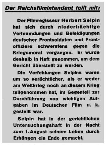 פשעים נגד מאמץ המלחמה. המודעה שפרסם גבלס בדבר מותו של סלפין