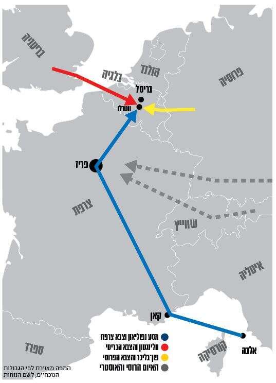 מפה המתארת על גבי אירופה המודרנית את תנועת הכוחות ב-1815 מפה המתארת על גבי אירופה המודרנית את תנועת הכוחות ב-1815
