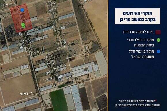 מפת האירועים במהלך הקרב במושב פרי גן | דובר צה"ל מפת האירועים במהלך הקרב במושב פרי גן | דובר צה"ל