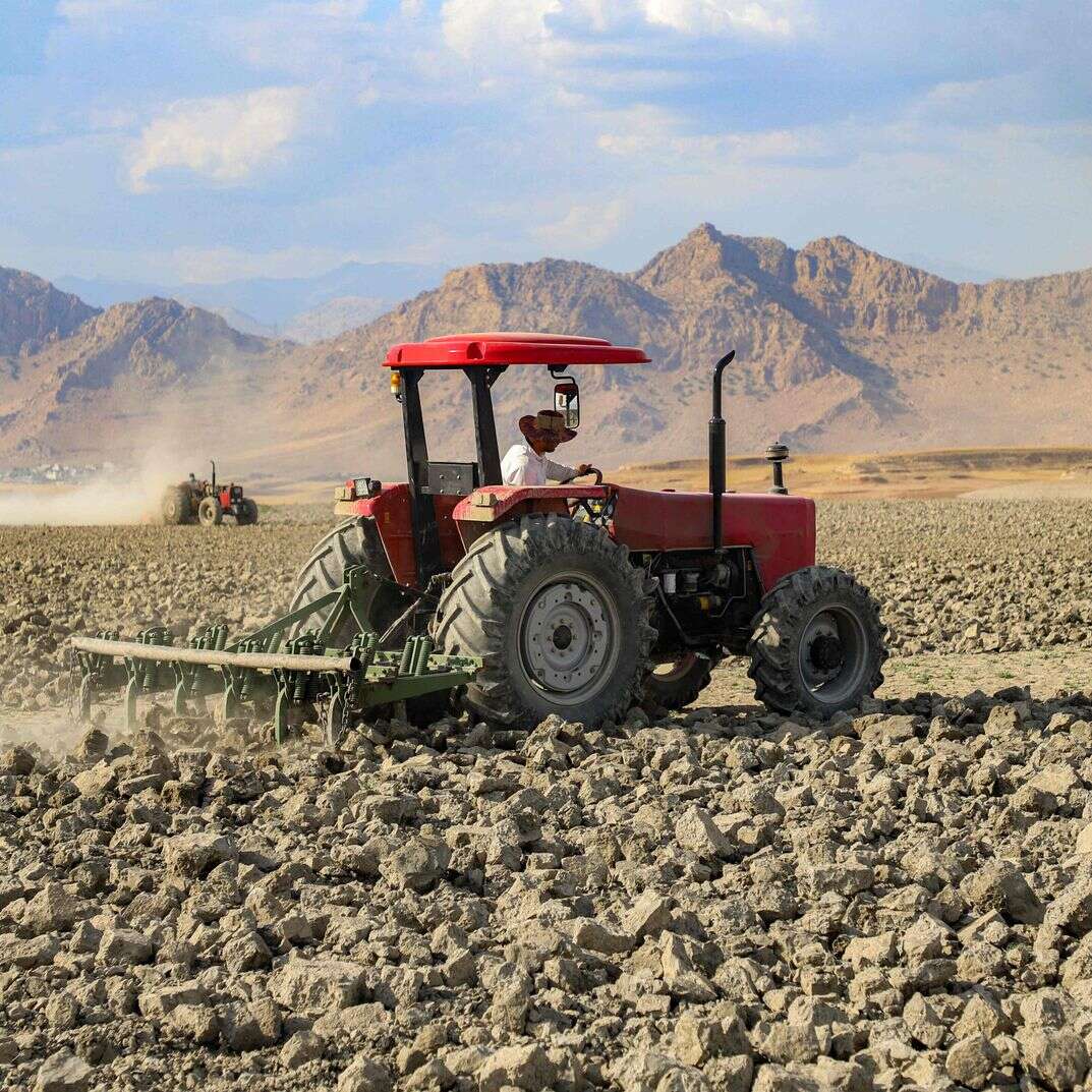 טרקטור חורש באזור כורדיסטן האיראנית, במקום שבו היה בעבר אגם שהתייבש בשל הבצורת | AFP