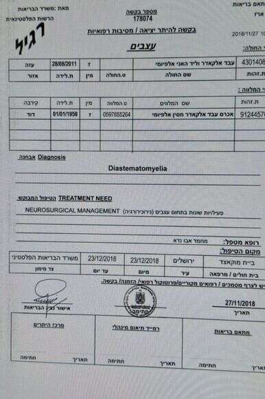 מסמךש מפרט את הרקע הרפואי עבדול קאדר אל-פאיומי והבקשה להיתר יציאה מ-2018 | ללא מסמךש מפרט את הרקע הרפואי עבדול קאדר אל-פאיומי והבקשה להיתר יציאה מ-2018 | ללא