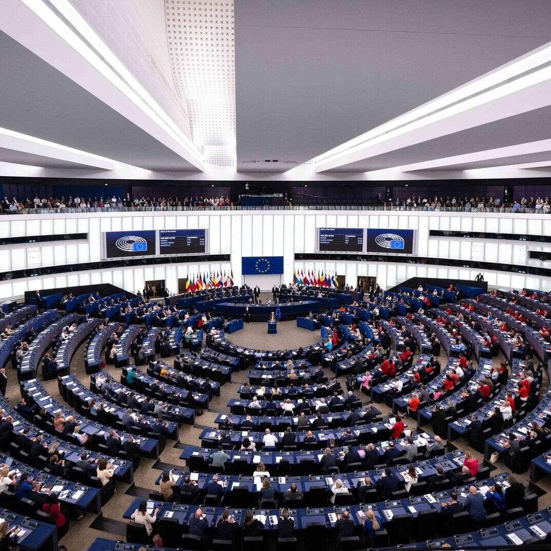 EU Commission President Ursula von der Leyen gives her annual State of the Union address during a plenary session at the European Parliament in Strasbourg, eastern France, on September 10, 2025. (Photo by SEBASTIEN BOZON / AFP)