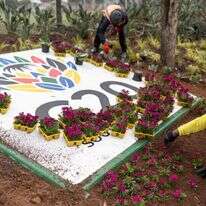 עובדים שותלים פרחים ליד לוגו של ה-G20 מחוץ למרכז התערוכות NASREC ביוהנסבורג ב-4 בנובמבר 2025, שם תתקיים פסגת ה-G20 הקרובה | AFP עובדים שותלים פרחים ליד לוגו של ה-G20 מחוץ למרכז התערוכות NASREC ביוהנסבורג ב-4 בנובמבר 2025, שם תתקיים פסגת ה-G20 הקרובה | AFP