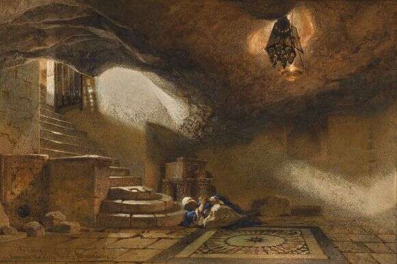 המערה שמתחת לכיפת הסלע | איור: קרל האג, 1859 המערה שמתחת לכיפת הסלע | איור: קרל האג, 1859