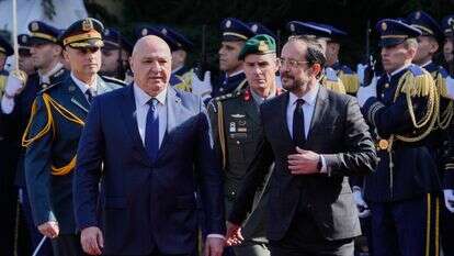 נשיא לבנון ג'וזף עאון ונשיא קפריסין ניקוס כריסטודולידס בטקס חתימת ההסכם | AP