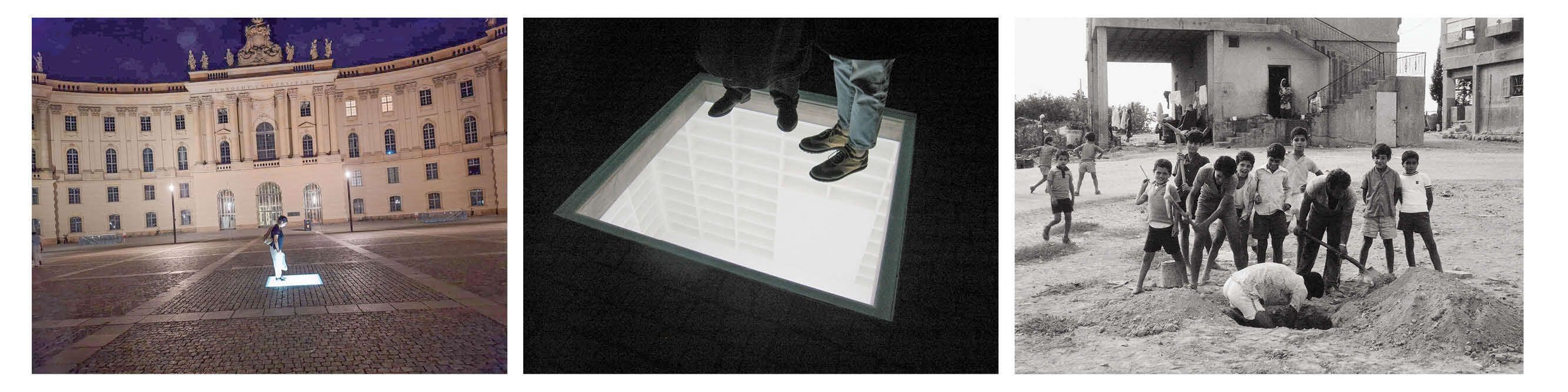 אולמן בחפירות במסגרת "פרויקט מצר־מסר", 1972  | מבט מקרוב על האנדרטה | זה ריק, אין שם כלום, וזה בדיוק מה שגורם למבט לפנות פנימה". אנדרטת "ספרייה" בכיכר בבל בברלין | באדיבות מיכה אולמן