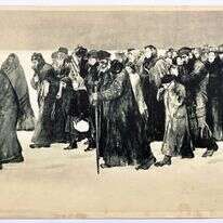 הפך לדימוי איקוני של סבלות היהודים. הציור "גלות" מאת שמואל הירשנברג, שנוצר בעקבות פרעות קישינב | Kunstverlag "Phonix", Leo Winz, Berlin בהוצאת רפרודוקציה