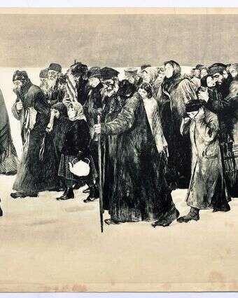 הפך לדימוי איקוני של סבלות היהודים. הציור "גלות" מאת שמואל הירשנברג, שנוצר בעקבות פרעות קישינב | Kunstverlag "Phonix", Leo Winz, Berlin בהוצאת רפרודוקציה