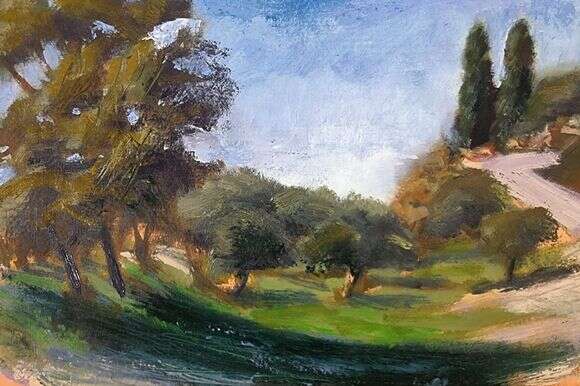 שי אביבי, נוף מגבעת עדה, שמן על לוח עץ, 2022