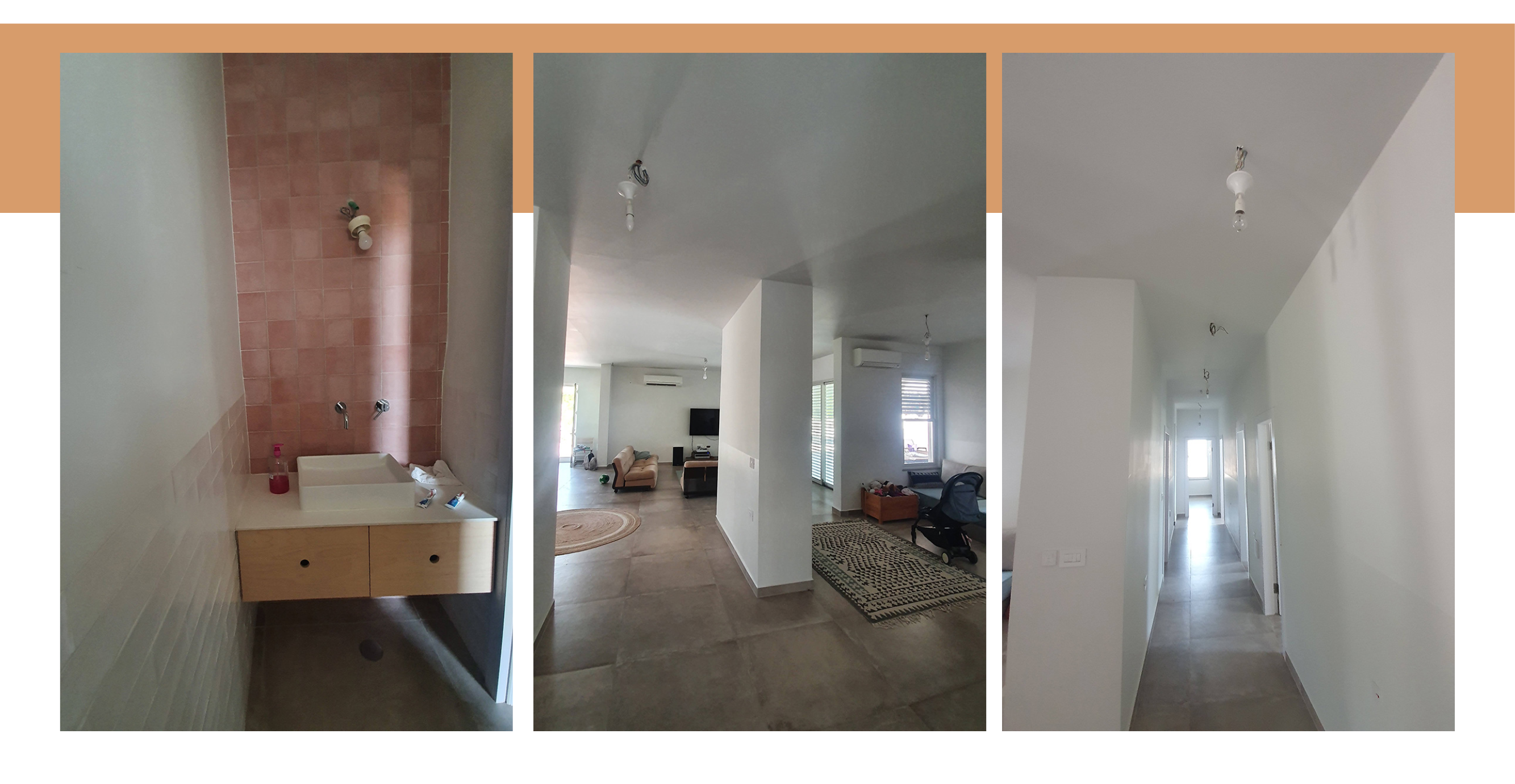 המסדרון שמוביל לחדרי השינה, מבט לפינת משפחה כניסה וסלון, שירותי אורחים לפני ריהוט והלבשה | אורית ארנון