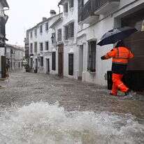 מתנדב בהגנה האזרחית הולך ברחוב מוצף בגראסלמה, דרום ספרד | חורחה גררו / AFP