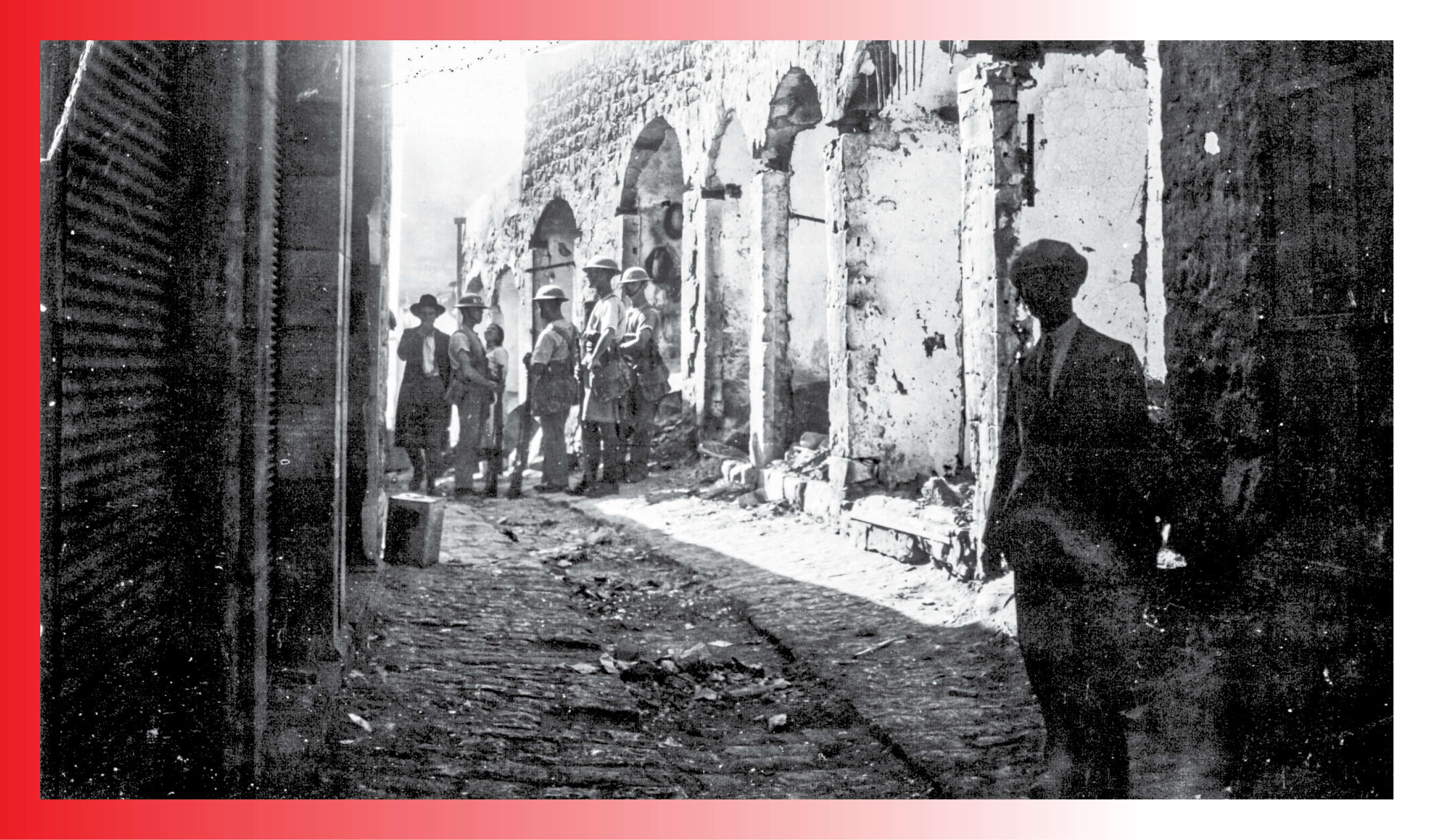 "הרבה חוקרים עסקו במאורעות ההם מהיבטים לאומיים, ופחות מנקודת המבט של הקורבן". חיילים בריטים ברחובות צפת, .1929 למטה: | נדב מן ביתמונה מאוסף יחיאל זהבי. האוסף הלאומי לתצלומים ע"ש מש' פריצקר, הספרייה הלאומית