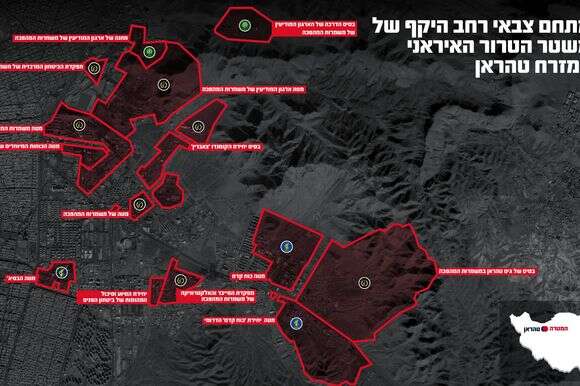 אילוסטרציה של המתחם הצבאי שהותקף במזרח טהרן ובתוכו מפקדות ופעילים רבים של כלל מערכת הביטחון האיראנית | דובר צה"ל