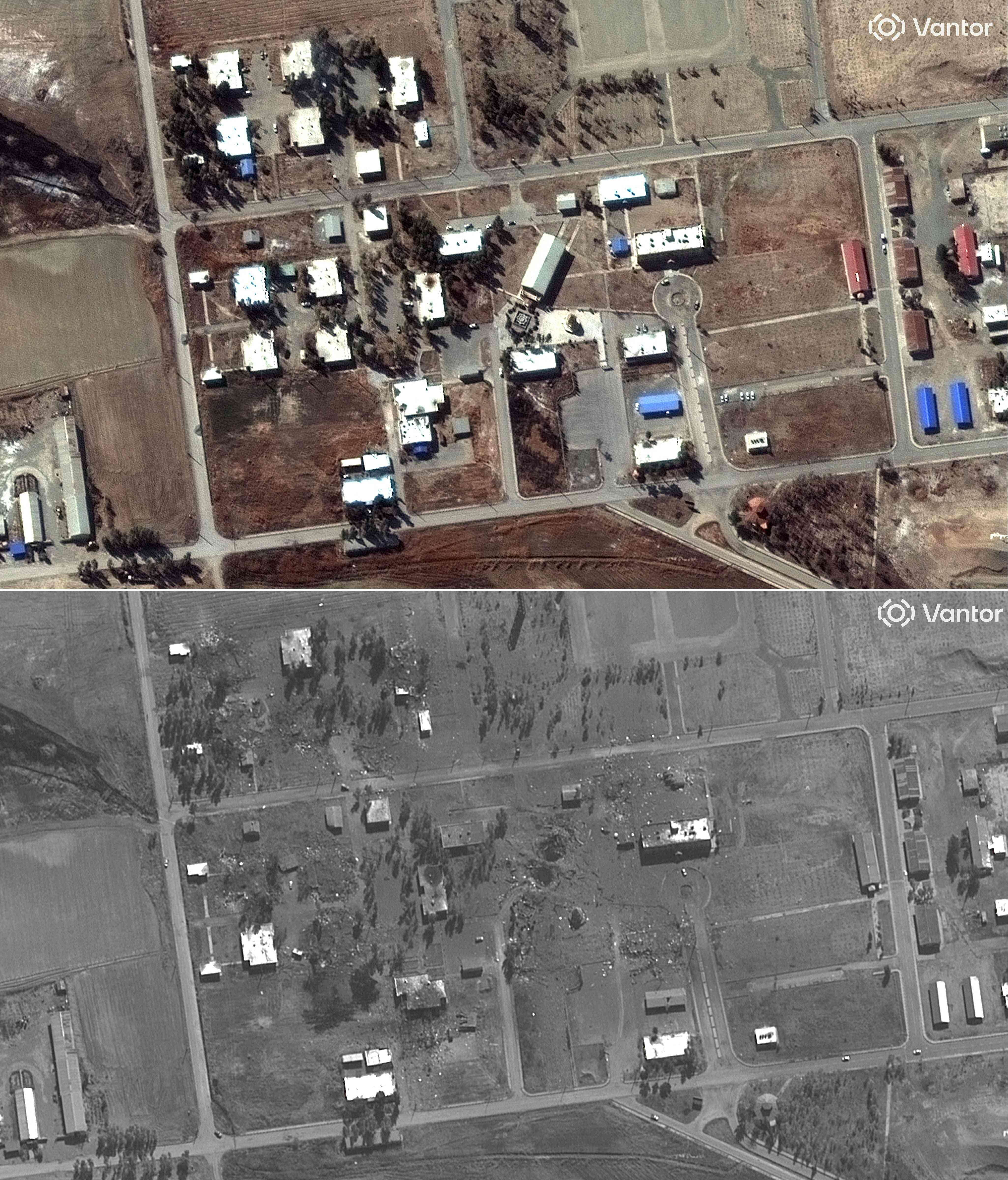חיל המצב בחקימבאד, כ-30 ק"מ (20 מייל) דרומית לטהרן, איראן, ב-22 בפברואר 2026 (למעלה) וב-11 במרץ 2026 לאחר תקיפות אוויריות | Satellite image ©2026 Vantor / AFP