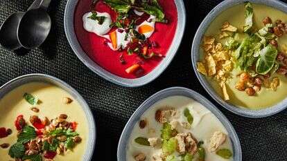 כל וריאציות של מרק ירקות עם כיוון השעון מלמטה משמאל: דלעת חורף; סלק וגזר; ברוקולי וכרוב ניצנים; וסלרי | טום מקורקל עבור הוושינגטון פוסט