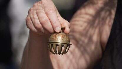 שון רמזי, מצלצל בפעמון פליז זעיר במהלך מפגש "אמבטית יער" בארבורטום JC ראולסטון בראלי, צפון קרוליינה | AP/אלן ג'י בריד