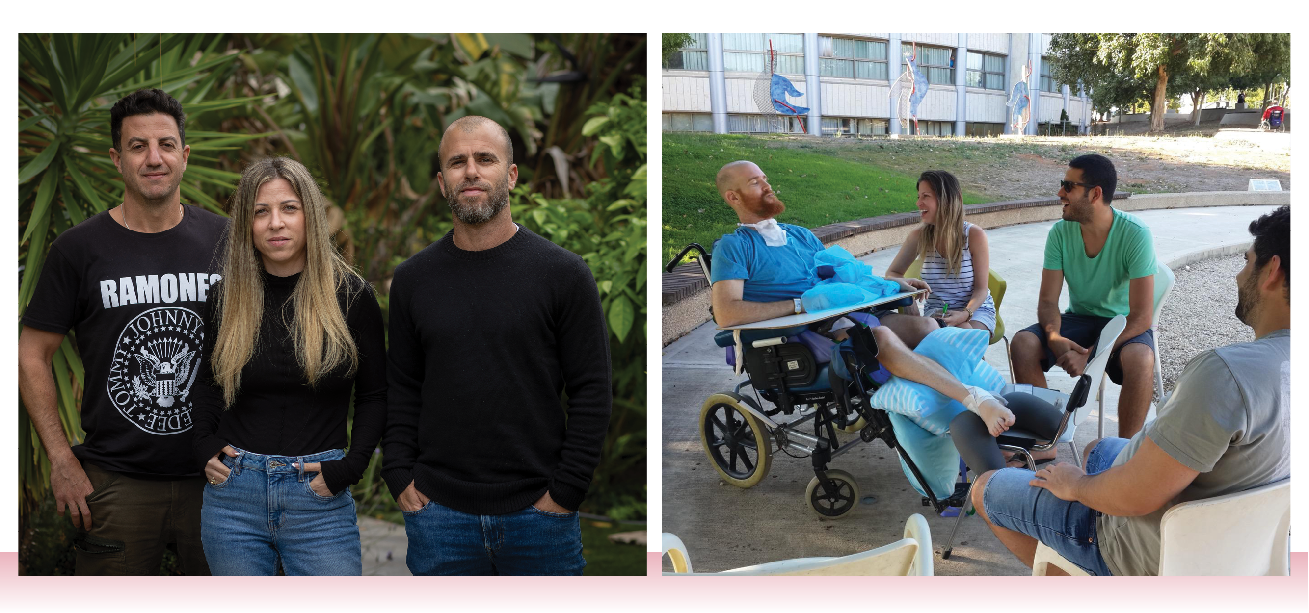 "'משפחברים' זה כינוי שיש בו זכות וגם חובה. הרגשנו אחריות לטפל בו, היינו כמו אגרוף אחד". עם החברים בשיקום אחרי התאונה הראשונה | חבורה שאין בה גבולות. עידו סדן, אורית מסחרי וגיל יחזקאל | באדיבות המשפחה | אריק סולטן