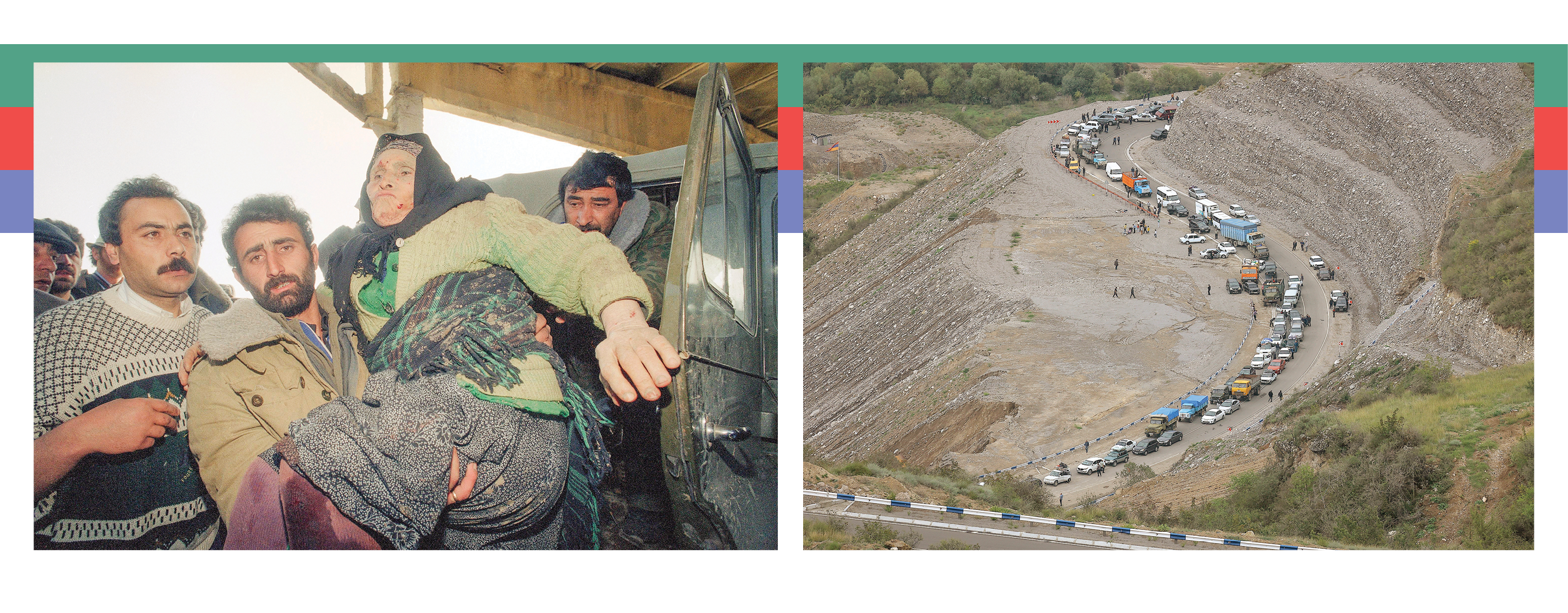 הנסיגה הארמנית ב־2023 |  פינוי פצועה לבית החולים הצבאי האזרי במלחמת  נגורנו־קרבאך  הראשונה, 1992 (משמאל) | AP