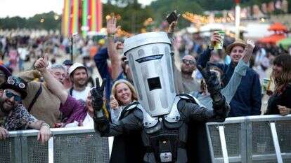 Count Binface, a candidate in Britain's upcoming general election, poses for photographers during the Glastonbury Festival in Worthy Farm, Somerset, England, Saturday, June 29, 2024. (Scott A Garfitt/Invision/AP)