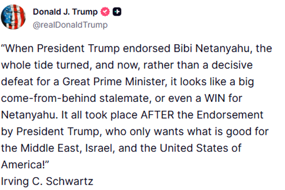 תגובת טראמפ לבחירות בישראל | צילום מסך: רשת Truth Social תגובת טראמפ לבחירות בישראל | צילום מסך: רשת Truth Social