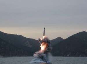 North Korea fires a ballistic missile from a submarine in April. | KCNA VIA KYODO North Korea fires a ballistic missile from a submarine in April. | KCNA VIA KYODO