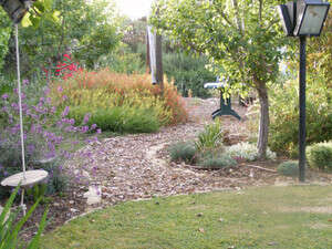 רחבה במושב שורש עם מרכיבים פשוטים כמו רסק עץ ואבני מדרך רחבה במושב שורש עם מרכיבים פשוטים כמו רסק עץ ואבני מדרך