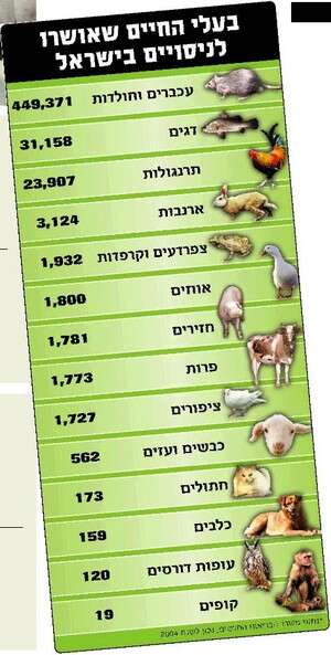 בעלי החיים שאושרו לניסויים בישראל מנתוני משרד הבריאות 2004. לצפייה בטבלה הקליקו על התמונה בעלי החיים שאושרו לניסויים בישראל מנתוני משרד הבריאות 2004. לצפייה בטבלה הקליקו על התמונה