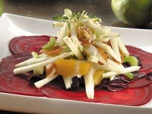 סלט תפוחים ותפוזים ברוטב איולי על מצע סלק סלט תפוחים ותפוזים ברוטב איולי על מצע סלק