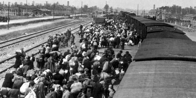 יהודים עולים לרכבות באושוויץ. צילום: AFP צילום: AFP