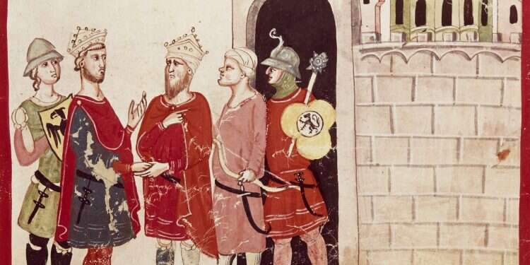 פרידריך השני והסולטן המצרי אל-מלכ אל- כמאל נפגשים ליד חומות ירושלים. איור לכרוניקה של ג'ובאני וילאני, המאה ה-14. צילום: גטי אימג'ס צילום: גטי אימג'ס