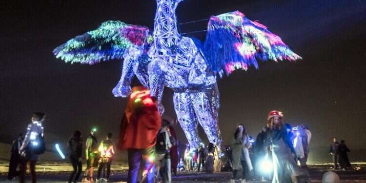 מיצג הגמל המעופף ב'מידברן'. צילום: EPA צילום: EPA