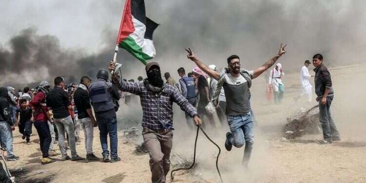 פלסטינים מפגינים בגבול רצועת עזה. צילום: AFP פלסטינים מפגינים בגבול רצועת עזה. צילום: AFP