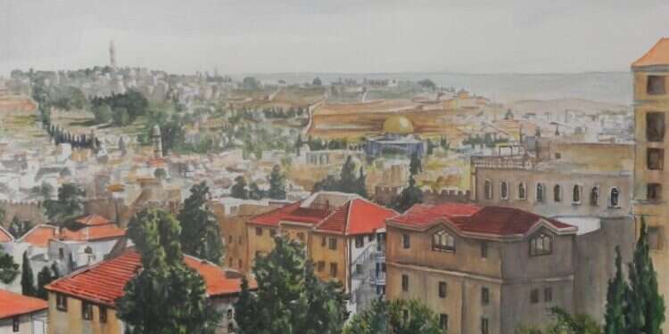 מזרח ירושלים במבט מלשכת ראש העיר, אלחנן יעקובוביץ, צבעי מים וגרפית על נייר, 2018