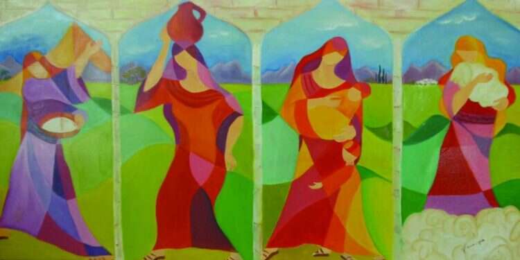 ארבע אמהות, בוקי לקס, ציור שמן בסגנון קוביסטי, 2012. מתוך הספר ארבע אמהות, בוקי לקס, ציור שמן בסגנון קוביסטי, 2012. מתוך הספר "נשים בתנ"ך בציור ושירה ואומר", שוקי ובוקי לקס