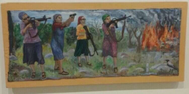 ציור של לירון לופו המוצג בתערוכה בעין הוד יהודים מכים ערבים בליווי כלבים: תערוכה מציגה את המתיישבים כבריונים