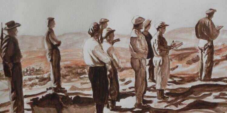 תפילה ראשונה על גבעת הסלעים בכפר עציון תש''ג. יצירה: אלחנן יעקובוביץ', 2018 תפילה ראשונה על גבעת הסלעים בכפר עציון תש''ג. יצירה: אלחנן יעקובוביץ', 2018