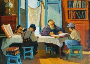 שיעור בחיידר, אבי שורץ, שמן על מזוניט, 2010