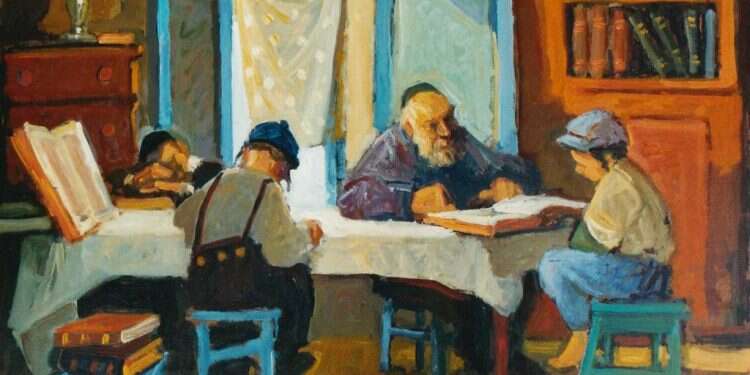 שיעור בחיידר, אבי שורץ, שמן על מזוניט, 2010
שיעור בחיידר, אבי שורץ, שמן על מזוניט, 2010