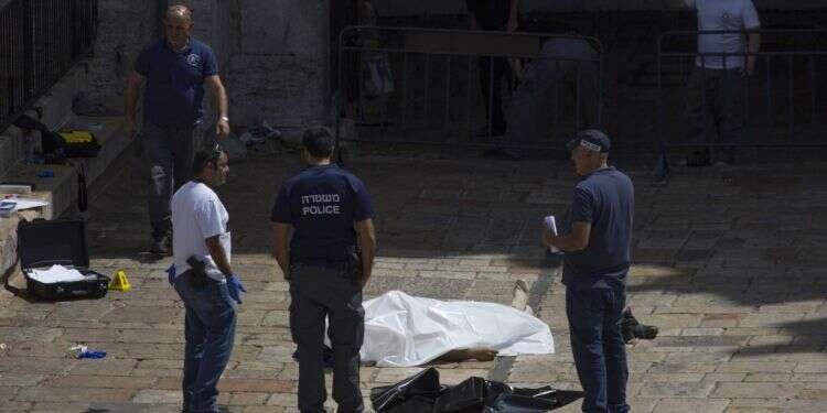 גופת מחבל שביצע פיגוע בשער שכם. צילום: יונתן זינדל, פלאש90 צילום: יונתן זינדל, פלאש90