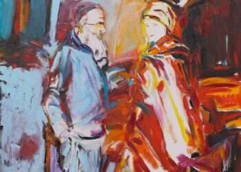 זוג עם מטרייה, הרב אילון תדהר אזולאי, שמן על בד, 2017