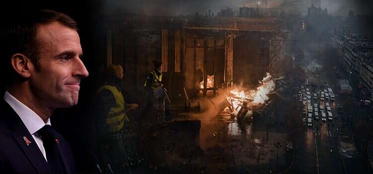 משמאל: מקרון, הפגנות האפודות הצהבות ועשן מעל פריז. צילום: AFP, AP צילום: AFP, AP