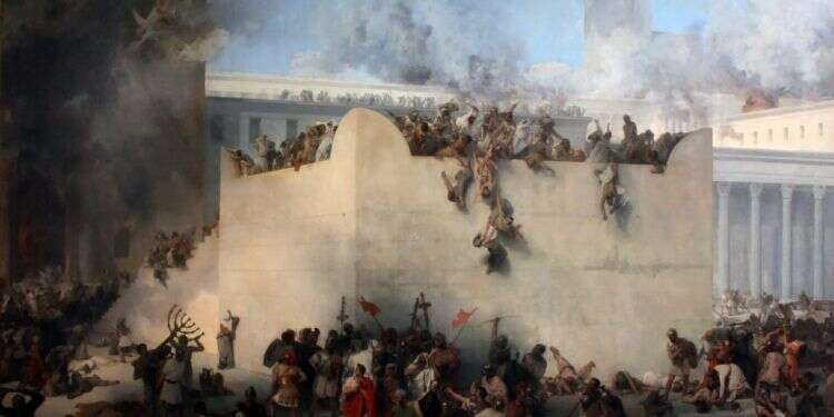 החרבת בית המקדש בירושלים של פרנצ'סקו אייץ. תיאור החורבן, השרפה והביזה של בית המקדש השני בידי חיילים רומאים. שמן על קנבס, ונציה 1867. הר כבוש