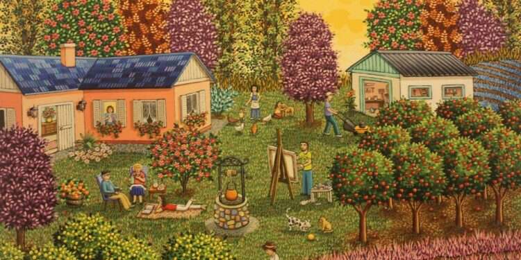 לאורה וידרה, שקיעה רוגעת, אקריליק על בד. ארגנטינה, 2018. מתוך תערוכה המוצגת בגלריה ג'ינא לאמנות נאיבית בת"א