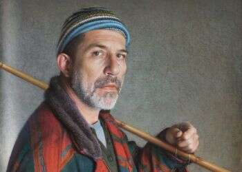 ציור: דוד ניפו, דיוקן עצמי בתור דייג, פסטל על נייר מעובד, 2015