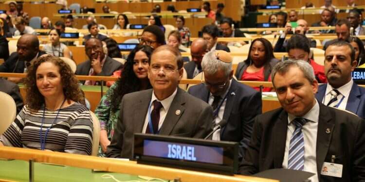 השר זאב אלקין עם המשלחת הישראלית. צילום: משלחת ישראל לאו צילום: משלחת ישראל לאו"ם