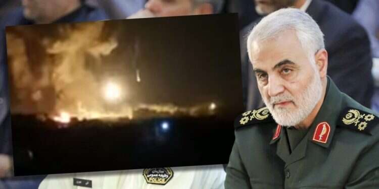 קאסם סולימאני, מפקד הכוח האיראני. משמאל: ההפגזות אמש בלב דמשק. צילומים: EPA, צילום מסך מתוך היוטיוב צילומים: EPA, צילום מסך מתוך היוטיוב