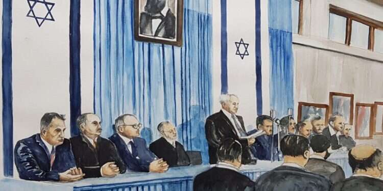 אלחנן יעקובוביץ, הכרזת העצמאות, צבעי מים, 2016 כיצד ניתן לקיים מדינה שעה שמסמך העקרונות הבראשיתי שלנו כל כך עמום?