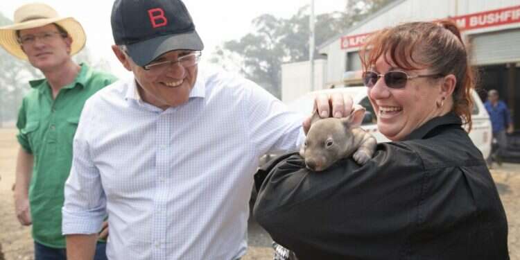 ראש ממשלת אוסטרליה מלטף וומבט שחולץ משריפה, בחודש שעבר. צילום: EPA פני הדור כפני הוומבט